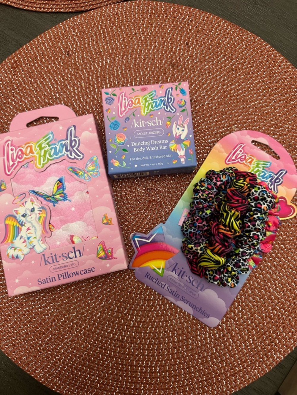 Lisa Frank Pink & Multicolor Satin Scrunchies, Pillowcase and Bath Set